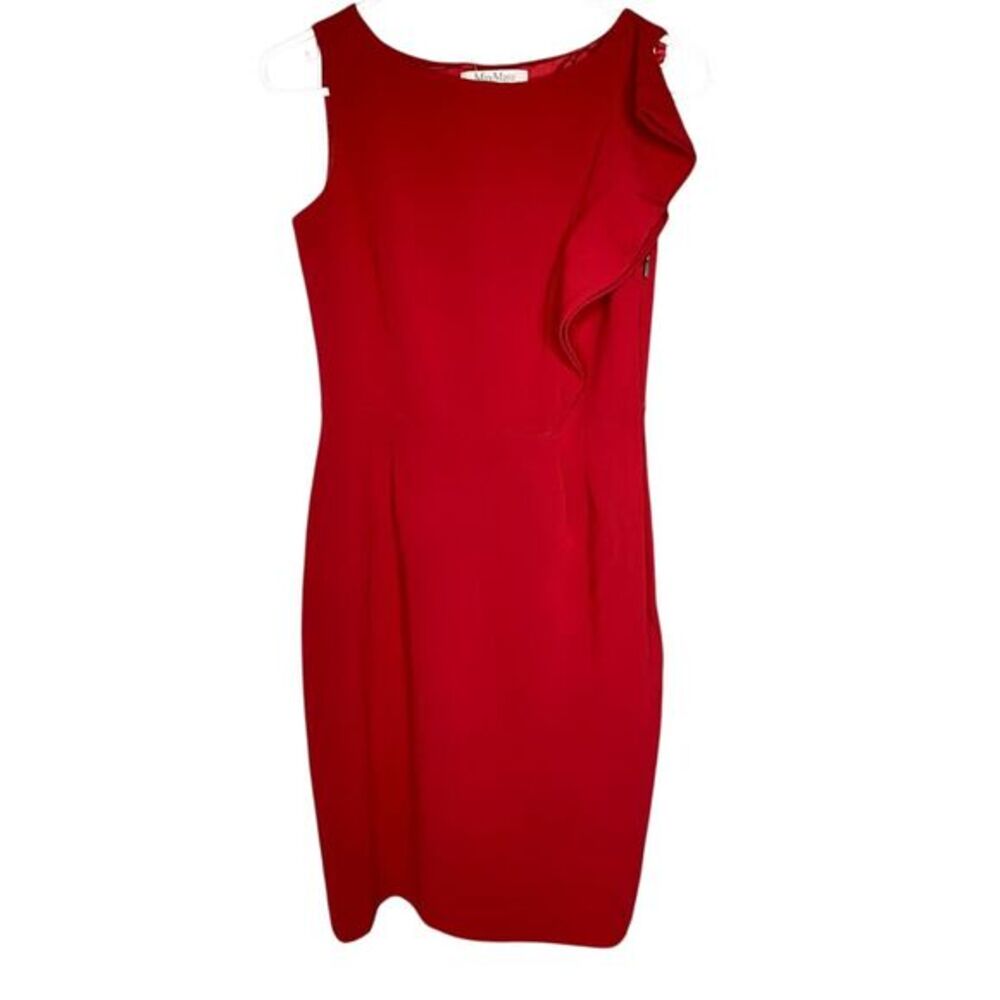 Max Mara Midi Sheath Dress Womens Maybe Size S Red Ruffle Side Zip‎ Formal Glam